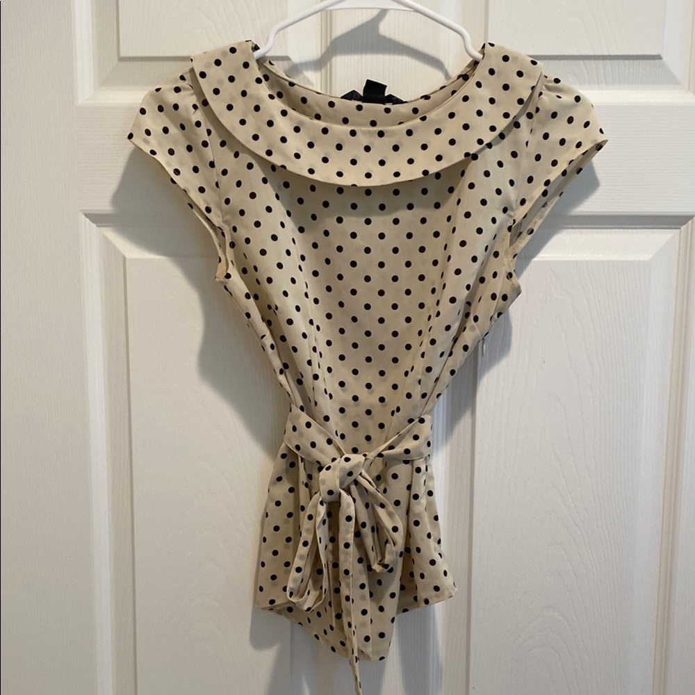 H&M Tan and Black Blouse with Flutter Sleeves and Tie Front